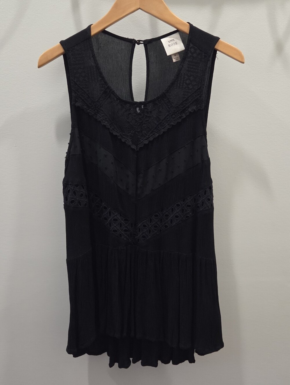 Knox Rose Black Lace-Trim Flowy Peplum Tank, Medium